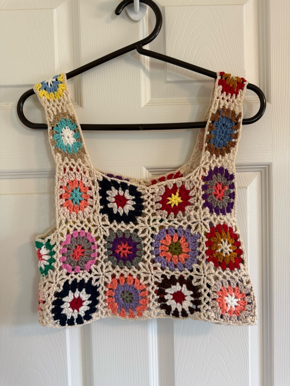Crochet Granny Square Tank Crop Top in Cream with Multicolor Accents